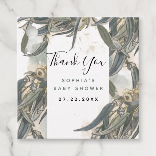 Étiquettes Cadeau Fête de bébé Feuilles d'eucalyptus à l'aquarelle (Devant)