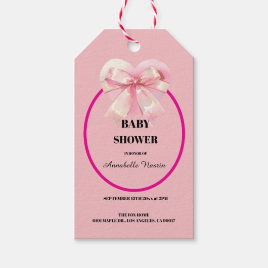 Étiquettes-cadeau Fête de Bébé Fille Ruban Rose Coquette (Devant)
