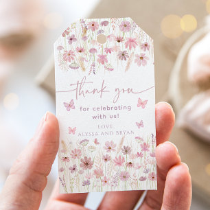 Étiquettes-cadeau Fête de Bébé Fleurs Sauvages Papillon Rose