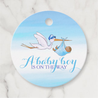 Étiquettes Cadeau Fête de bébé garçon cigogne bleu aquarelle merci