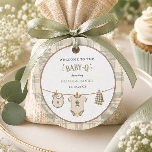 Étiquettes Cadeau Fête de Bébé Vichy Vert Sauge BBQ Vintage