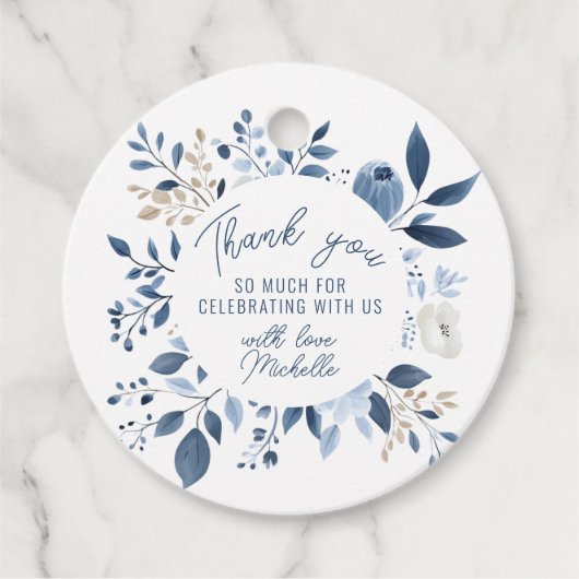 Étiquettes Cadeau Fête de mariage bohème fleurs aquarelle bleu pouss (Devant)