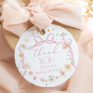 Étiquettes Cadeau Fête de naissance bébé en fleurs à ruban rose