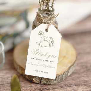 Étiquettes-cadeau Fête de naissance Cheval à Bascule Olive Neutre Vi