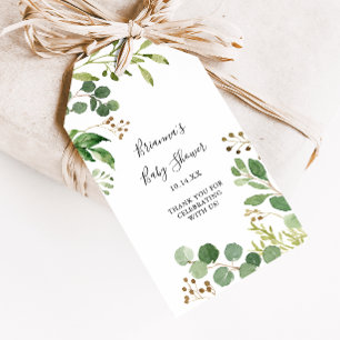 Étiquettes-cadeau Fête de naissance florale simple marron Eucalyptus