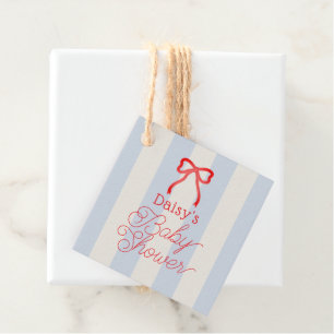 Étiquettes Cadeau Fête de naissance Ruban Rouge et Rayures Bleu Clai