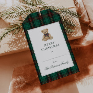 Étiquettes-cadeau Fête de Noël avec un ours en peluche à carreaux ve