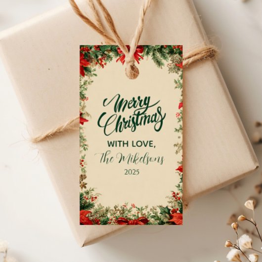 Étiquettes-cadeau Fête de Noël Rustique Poinsettia Pine