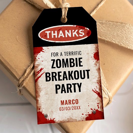 Étiquettes-cadeau Fête de zombies merci avec un panneau rouillé et d