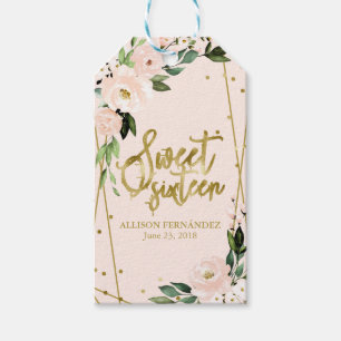 Étiquettes-cadeau Fête des 16 ans papier doré floral rose pâle