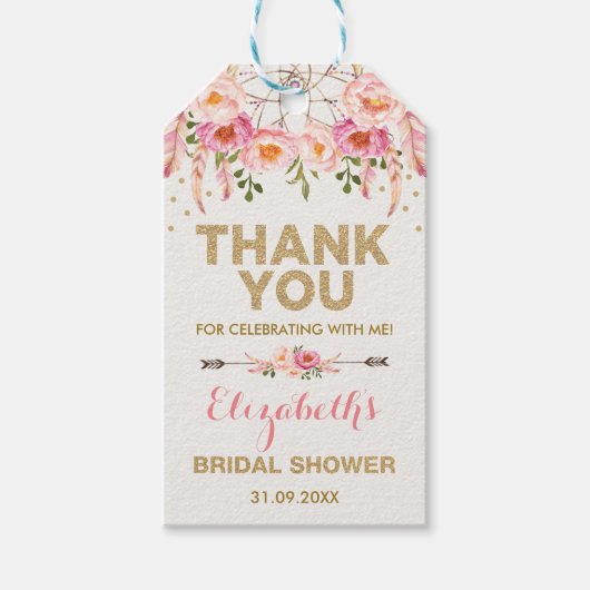 Étiquettes-cadeau Fête des mariées Boho Pink Gold Flowers Faveurs (Devant)