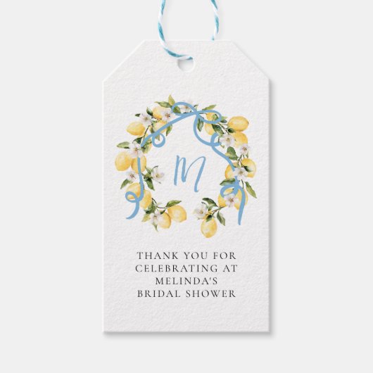 Étiquettes-cadeau Fête des mariées de monogramme de citron citronné (Devant)
