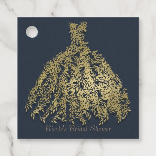 Étiquettes Cadeau Fête des mariées de robe Botanique Bleue Or & Rust (Devant)