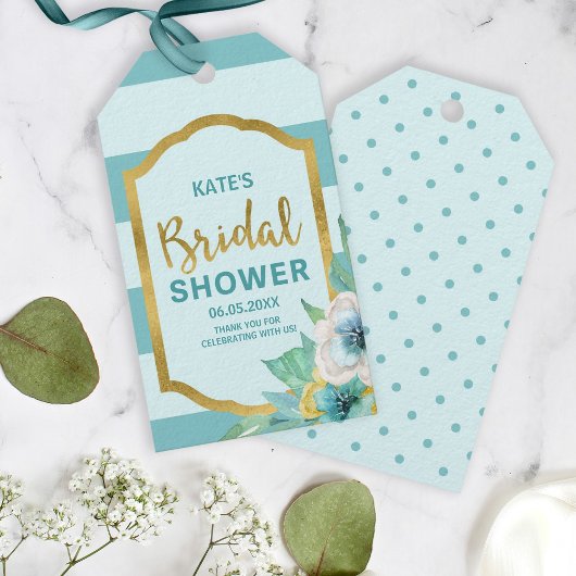 Étiquettes-cadeau Fête des mariées florale en or et en menthe