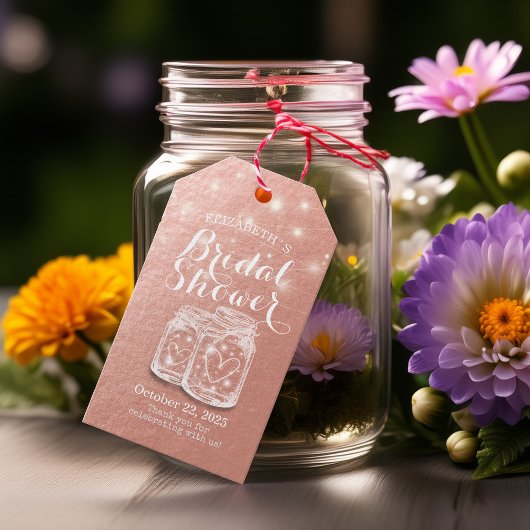 Étiquettes-cadeau Fête des mariées Mason Jars String Lights Rose Gol