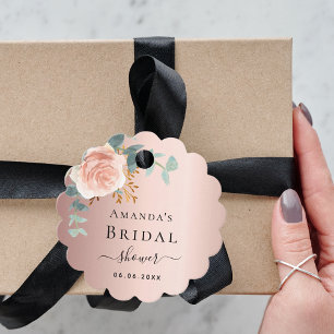 Étiquettes Cadeau Fête des mariées rose or fleuri eucalyptus merci