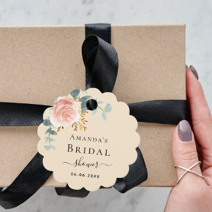 Étiquettes Cadeau Fête des mariées rose or fleuri eucalyptus merci