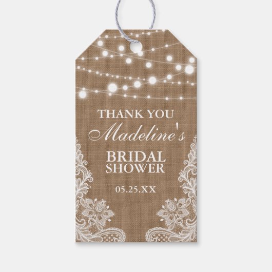 Étiquettes-cadeau Fête des mariées Rustique Burlap Lights Merci dent (Devant)