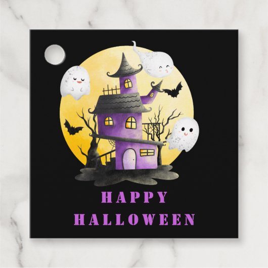 Étiquettes Cadeau Fête d'Halloween avec Maison hantée et Fantômes (Devant)
