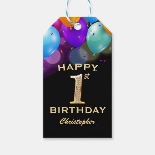 Étiquettes-cadeau Fête du 1er anniversaire Ballons noirs et dorés