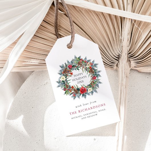 Étiquettes-cadeau Fêtes de Noël Rouge Berries et Pine Wreath