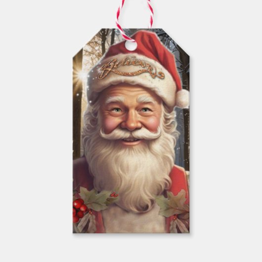 Étiquettes-cadeau Fêtes de Noël Santa Claus forêt enneigée (Devant)