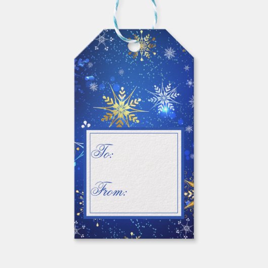 Étiquettes-cadeau Fêtes Gold Blue Snowflakes Noël Noël (Devant)
