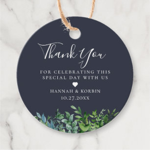 Étiquettes Cadeau Feuillage de forêt rustique mariage bleu marine
