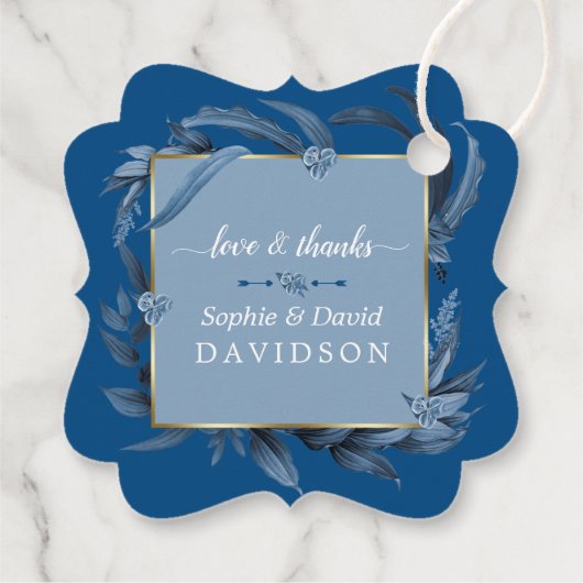 Étiquettes Cadeau Feuille bleu moderne Mariage d'or géométrique (Dos)