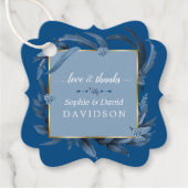 Étiquettes Cadeau Feuille bleu moderne Mariage d'or géométrique (Devant)