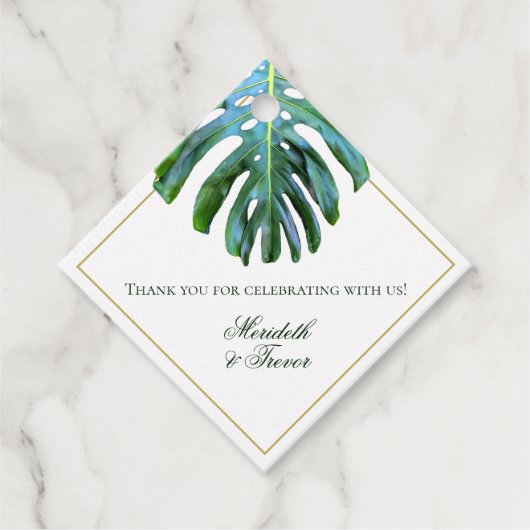 Étiquettes Cadeau Feuille élégante de Monstera verte tropicale dorée (Devant)