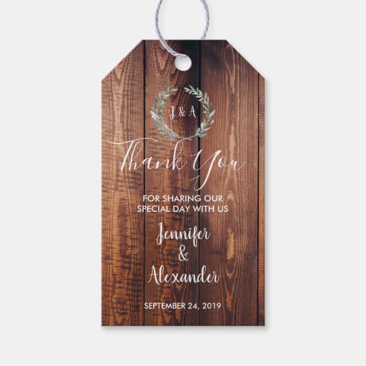 Étiquettes-cadeau Feuille Merci mariage rustique en bois (Devant)