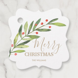 Étiquettes Cadeau Feuilles et baies sur le joyeux support de Noël