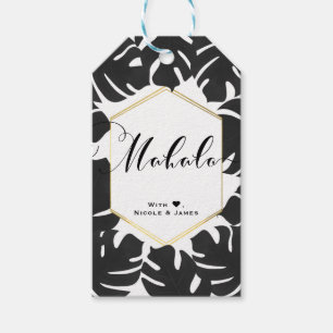 Étiquettes-cadeau Feuilles tropicales noires blanc or chic MAHALO AL