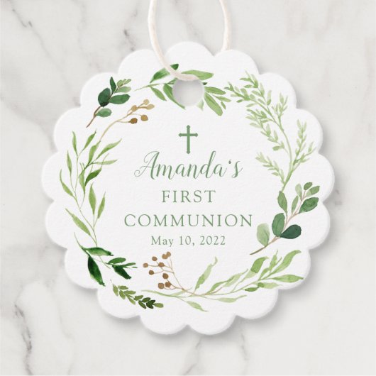 Étiquettes Cadeau Feuilles vertes Douces Première Sainte Communion F (Devant)