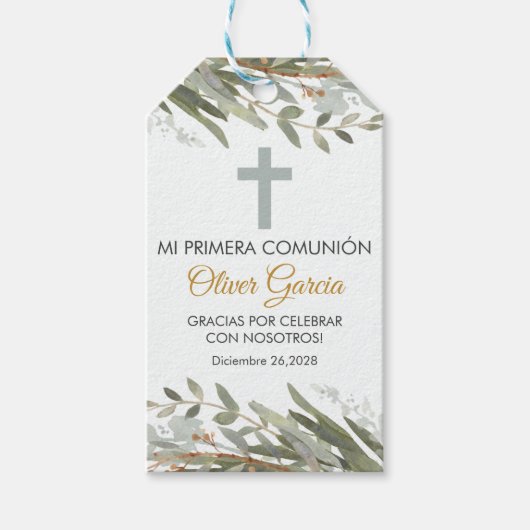 Étiquettes-cadeau Feuilles verts mignons en première communion espag (Devant)