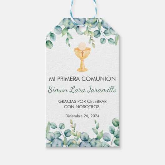 Étiquettes-cadeau Feuilles verts mignons en première communion espag (Devant)