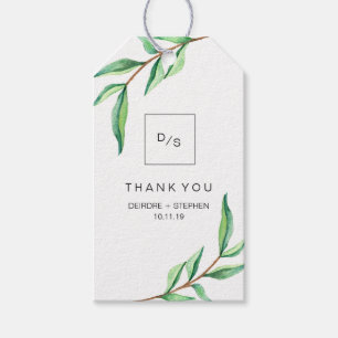 Étiquettes-cadeau Feuilles verts minimalistes sur Merci blanc