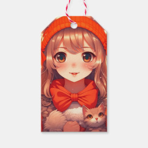 Étiquettes-cadeau Fille Anime avec Noël de Chat Orange