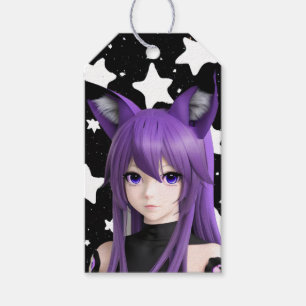 Étiquettes-cadeau Fille Anime Violet avec Fils d'oreille Fox Anniver