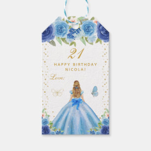 Étiquettes-cadeau Fille aux cheveux blonds avec motif floral bleu Jo