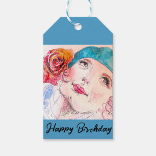 Étiquettes-cadeau Fille avec Rose Rouge Beret fête d'anniversaire Fi
