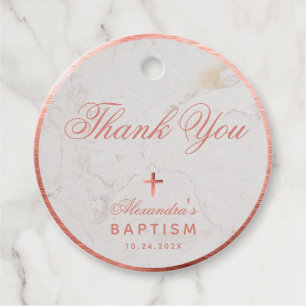 Étiquettes Cadeau Fille Baptême Élégant Rose en marbre or Merci Fa