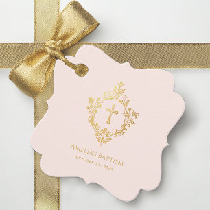 Étiquettes Cadeau Fille Baptême rose Vintage Faux Gold Croix en Cres