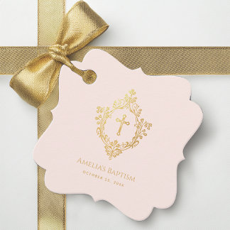 Étiquettes Cadeau Fille Baptême rose Vintage Faux Gold Croix en Cres