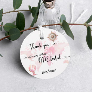 Étiquettes Cadeau Fille de 1 an avec une carte du monde rose merveil