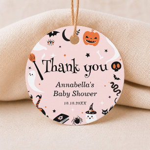Étiquettes Cadeau Fille de Baby Shower Halloween Orange Rose Merci
