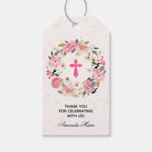 Étiquettes-cadeau Fille Première Communion Aquarelle rose Fleur Fave