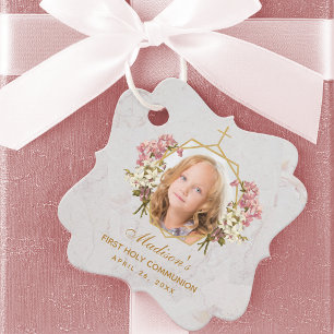 Étiquettes Cadeau Fille Première Communion Photo Orchidée rose Marbr