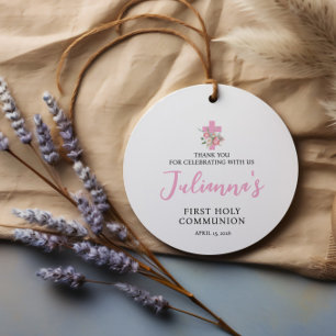Étiquettes Cadeau Fille rose florale Baptême ronde